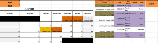 Microsoft Excel Calendar and Planner